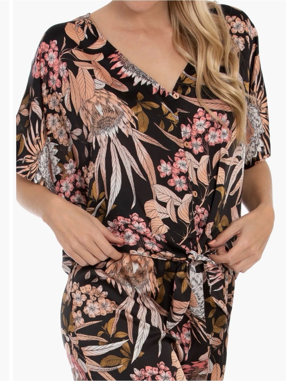 NWT Midnight Bakery Floral Satin Pajama Set Black Peach Shorts and Crop Shirt M